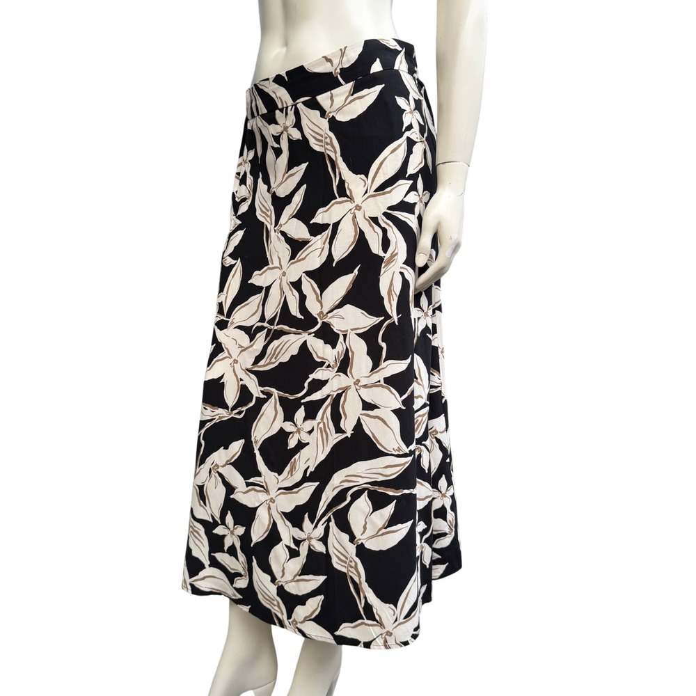 RW&CO Maxi Skirt Tropical Leaf Print Boho Resort Summer Black Cream Size M